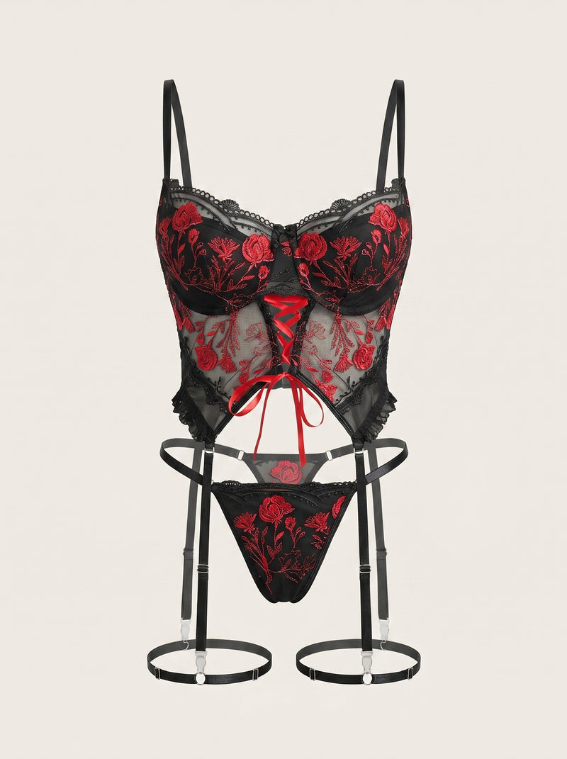 Rotes besticktes Mesh-Dessous-Set mit Blumenmuster und Riemchendesign