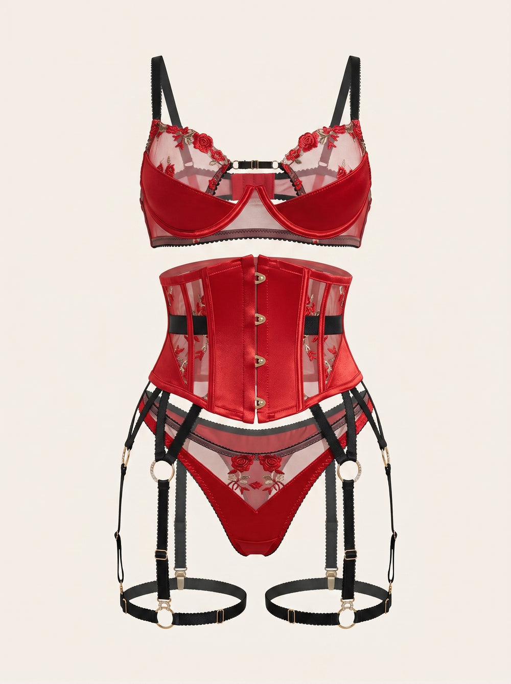 Floral Red Embroidered Mesh Lingerie Set with Strappy Detail