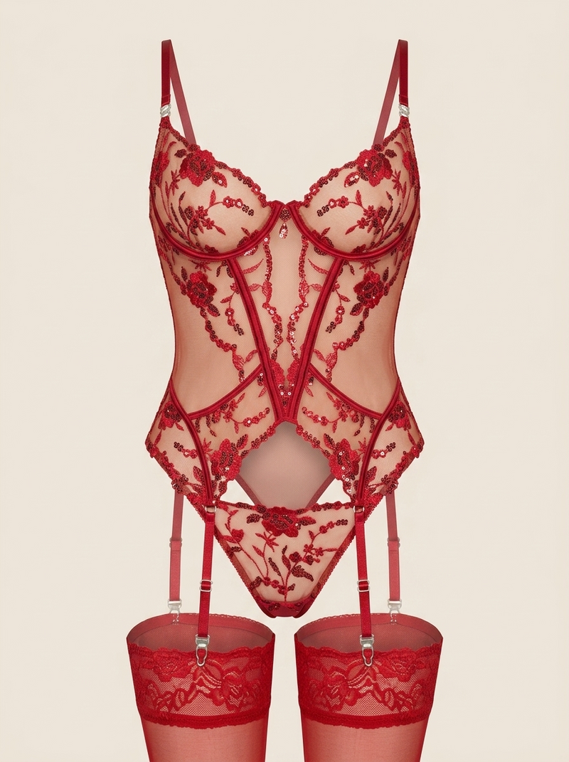 Floral Red Embroidered Mesh Bodysuit with Strappy Details