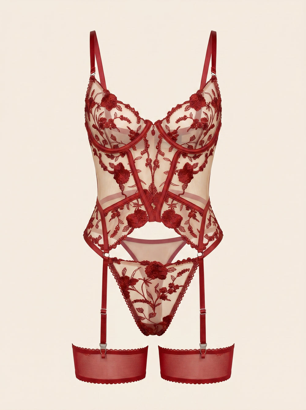 Floral Red Mesh Lingerie Set with Bustier, Garter Belt and Embroidery