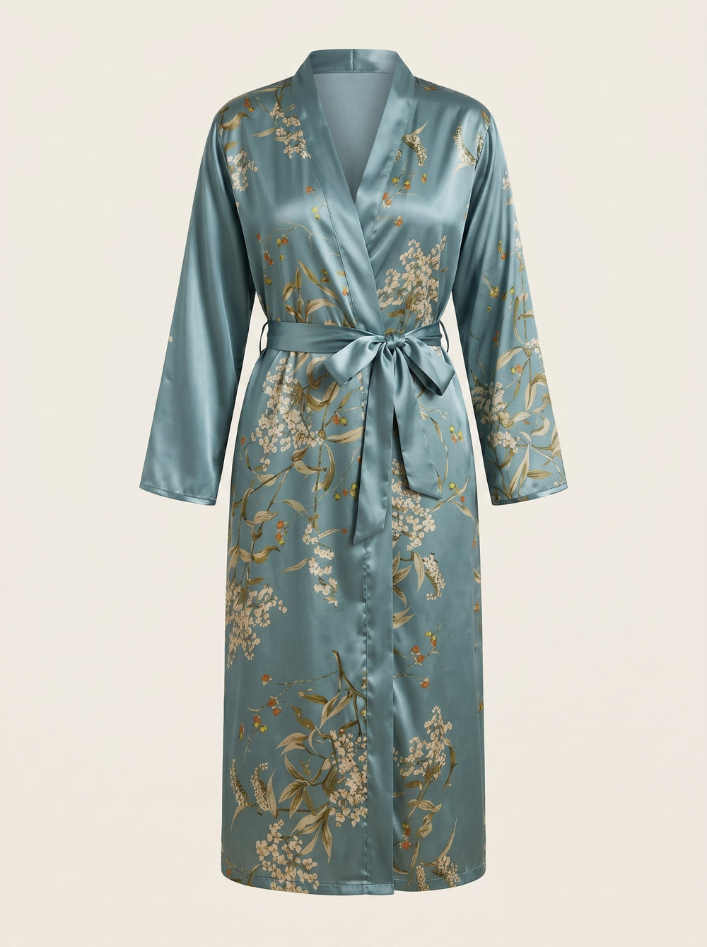 Floral Teal Satin Kimono Robe with Waist Tie