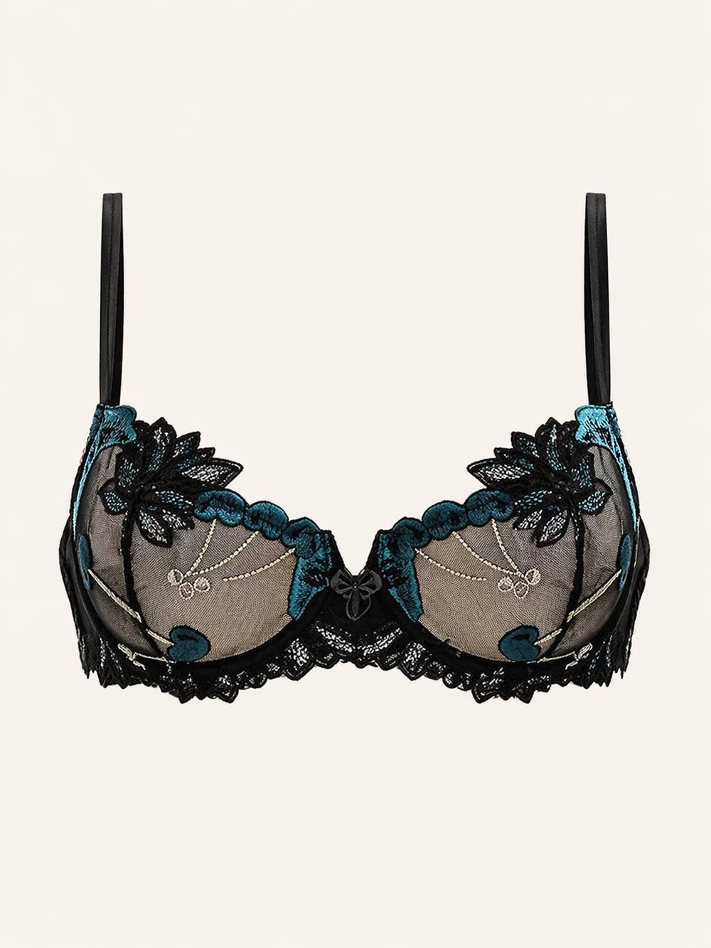 Floral Teal and Black Mesh Bra with Scalloped Edges