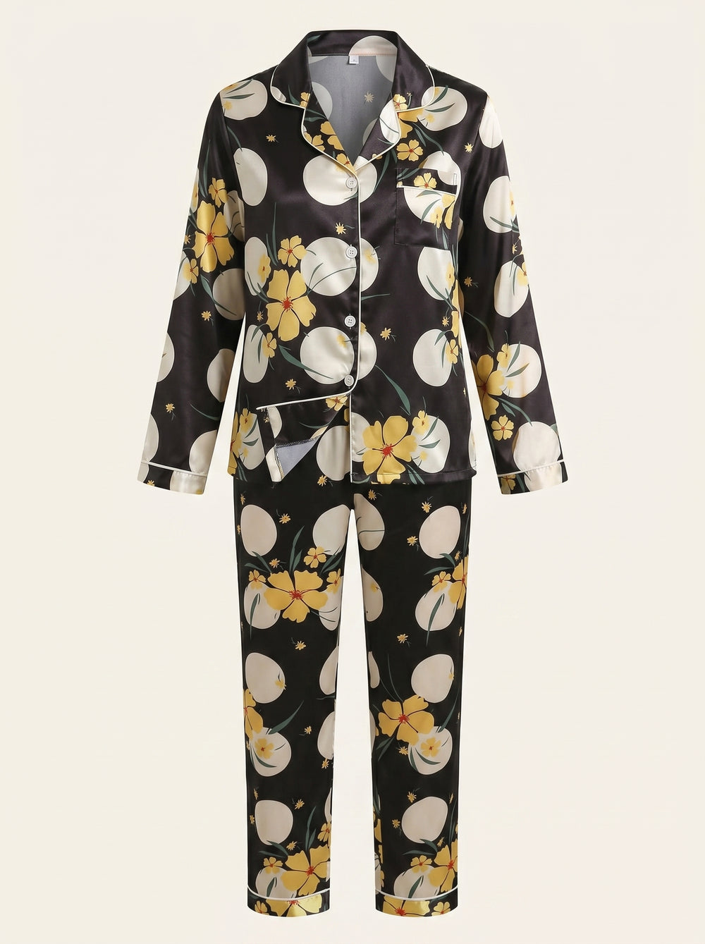 Floral Yellow Satin Pajama Set with Piping Detail