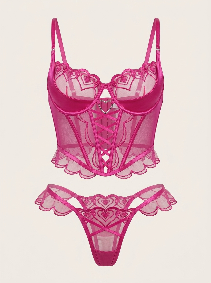 Fuchsia Heart Mesh Lingerie Set with Corset and Scalloped Edges