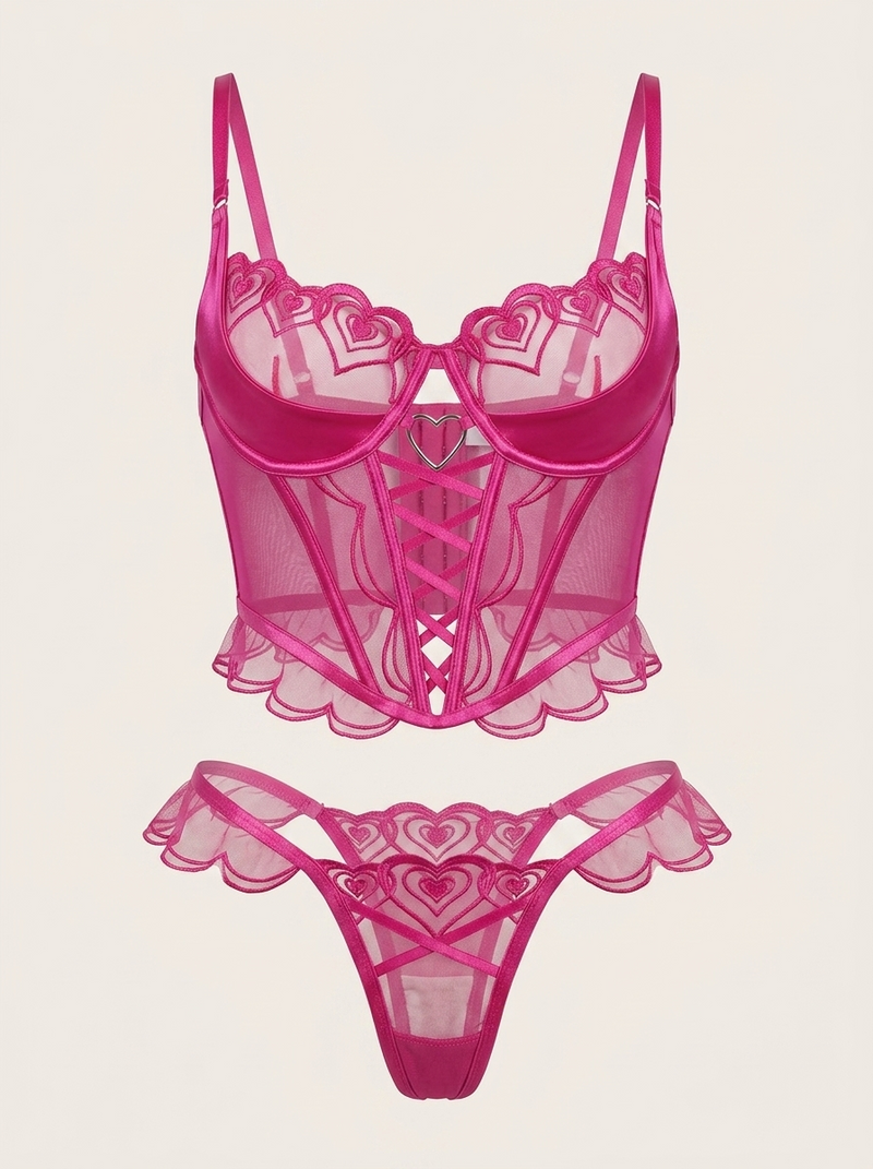 Fuchsia Heart Mesh Lingerie Set with Corset and Scalloped Edges