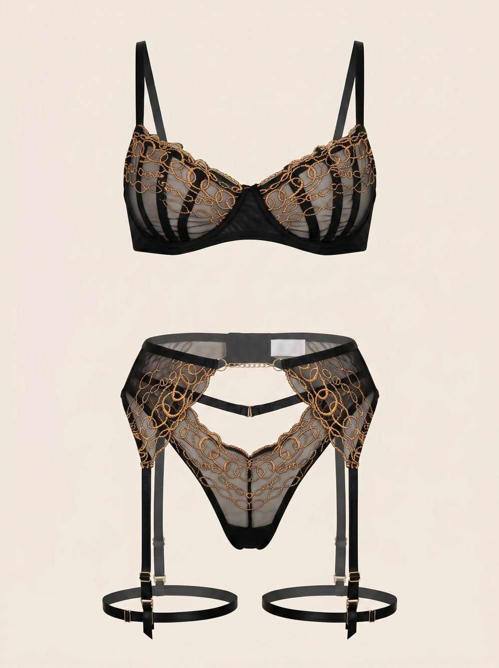 Gold Chain Embroidery Mesh Lingerie Set with Strappy Detail
