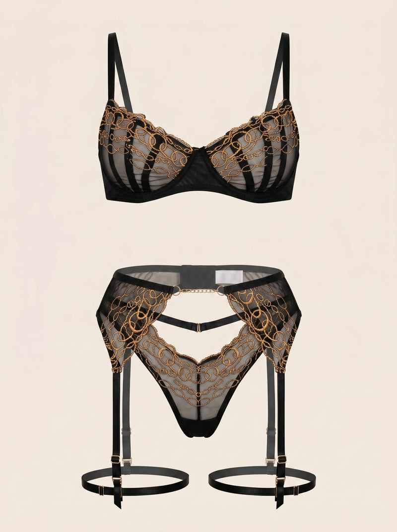 Gold Chain Embroidery Mesh Lingerie Set with Strappy Detail