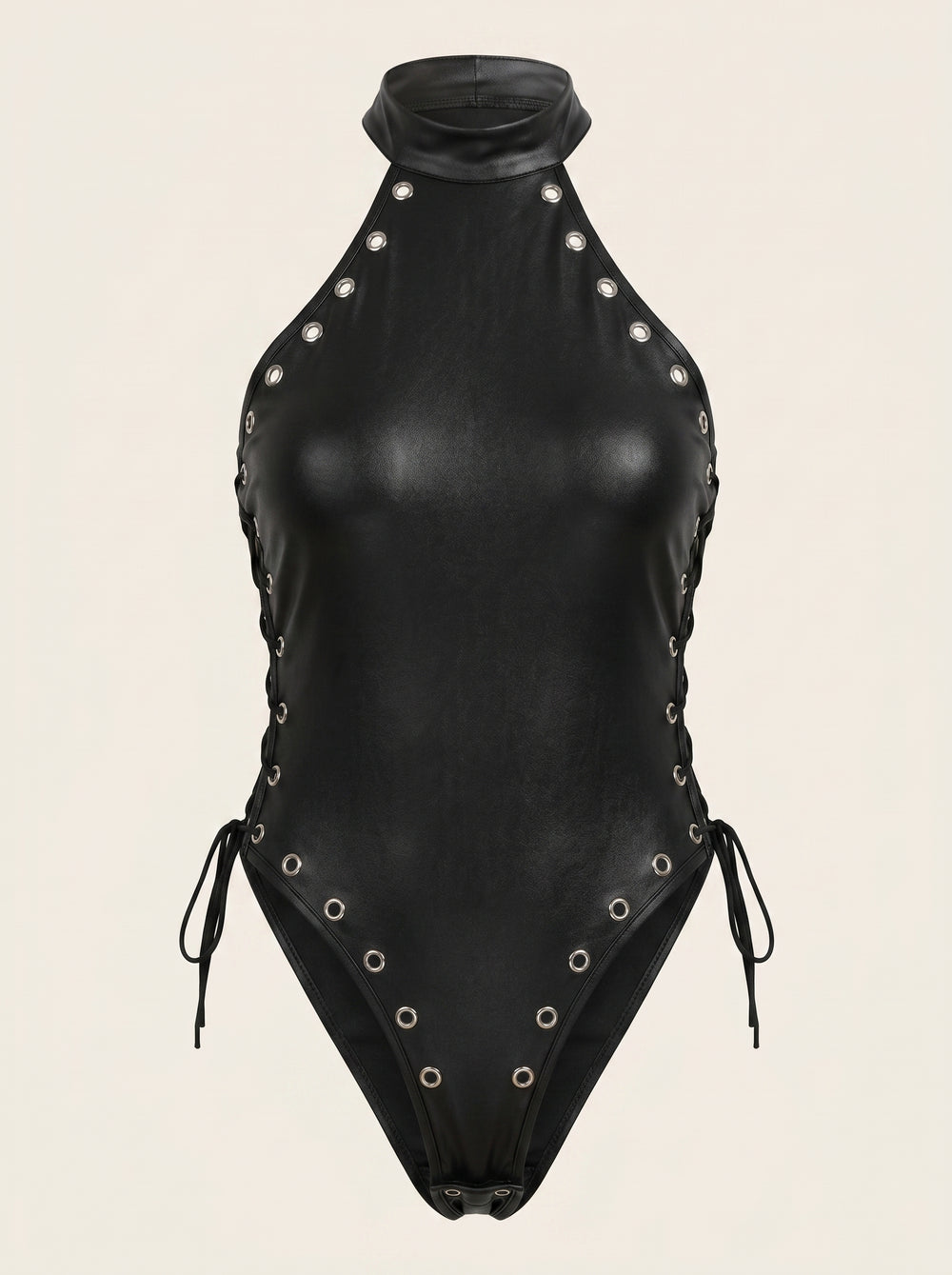 Halter Black Faux Leather Bodysuit with Lace-Up Detail