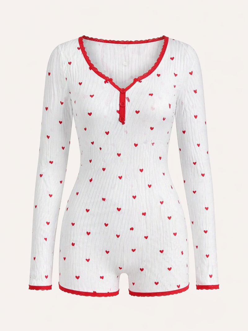 Heart Print Ribbed Cotton Onesie with Lace Trim