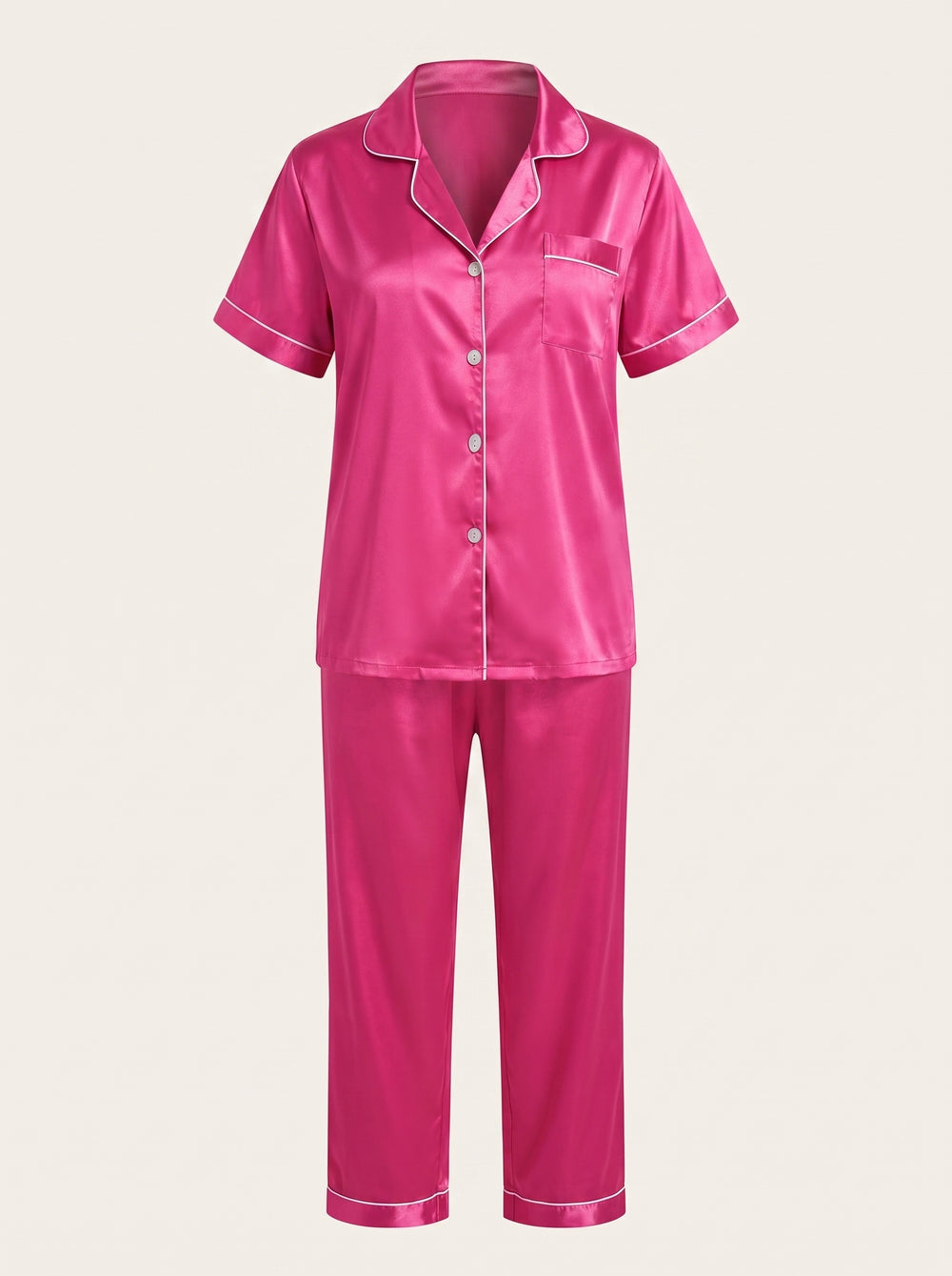 Hot Pink Satin Pajama Set with Contrast Piping Button-Up