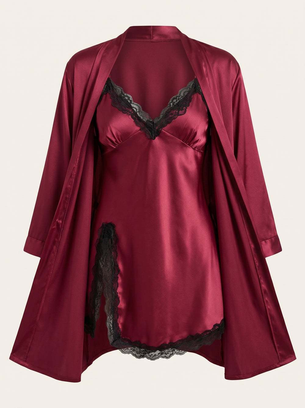 Lace-Trimmed Deep Red Satin Robe and Nightgown Set with Tie Belt