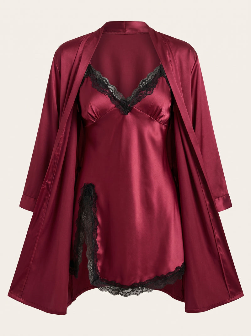 Lace-Trimmed Deep Red Satin Robe and Nightgown Set with Tie Belt