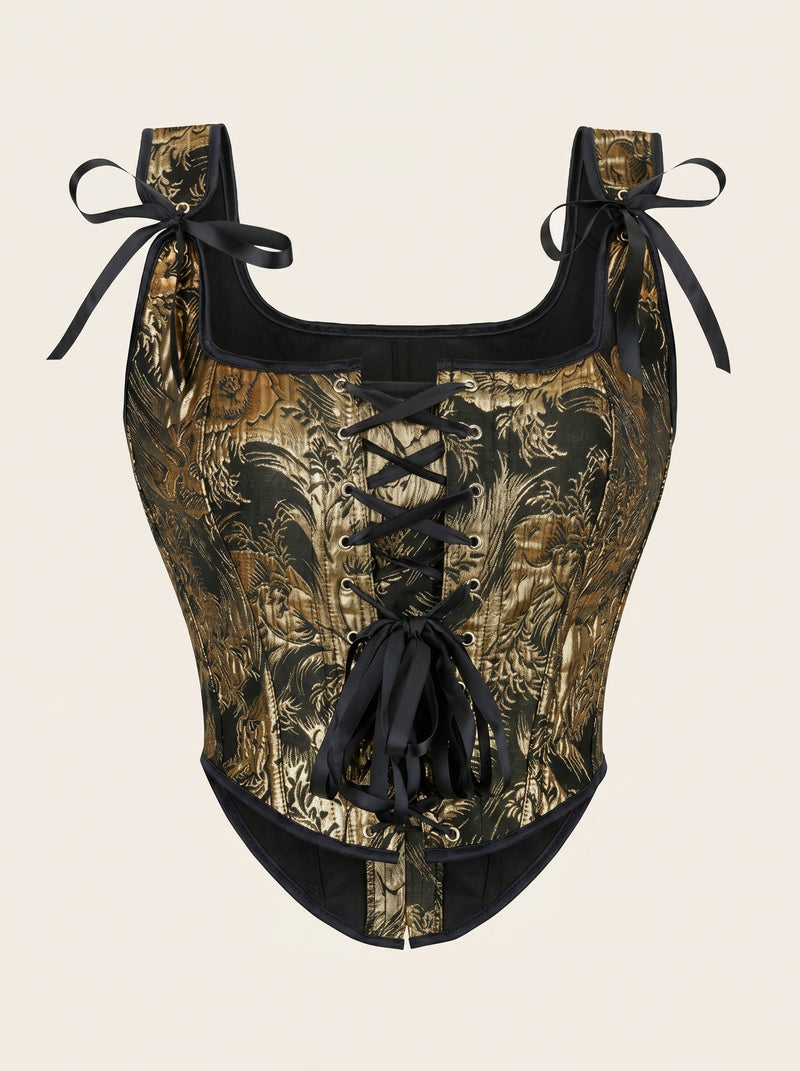 Lace-Up Gold and Black Floral Satin Corset with Bow Detail