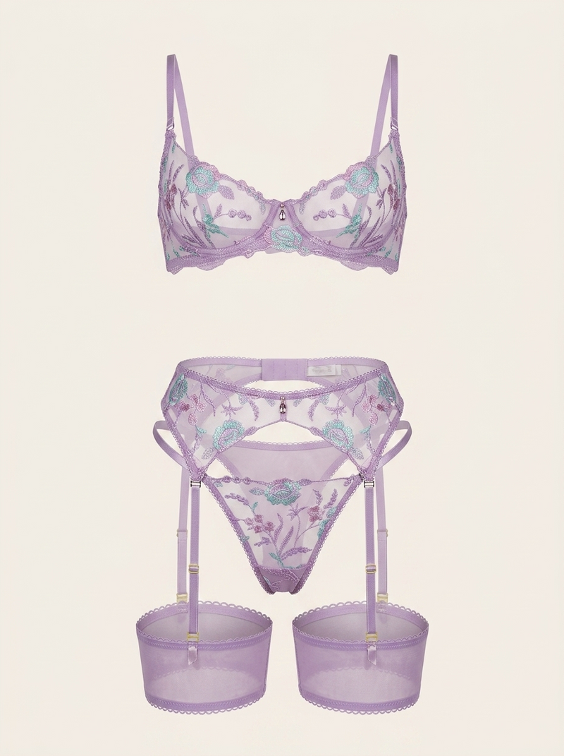 Lavender Floral Embroidered Mesh Lingerie Set with Strappy Details