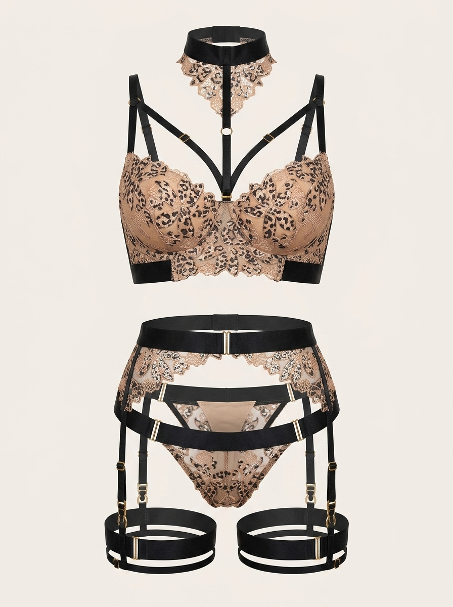 Completo lingerie in pizzo decorato con stampa leopardata e dettaglio choker