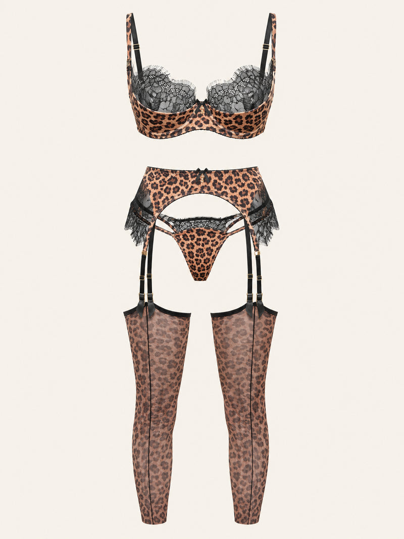 Spitzen-Dessous-Set mit Leopardendruck und transparenten Riemchen-Details