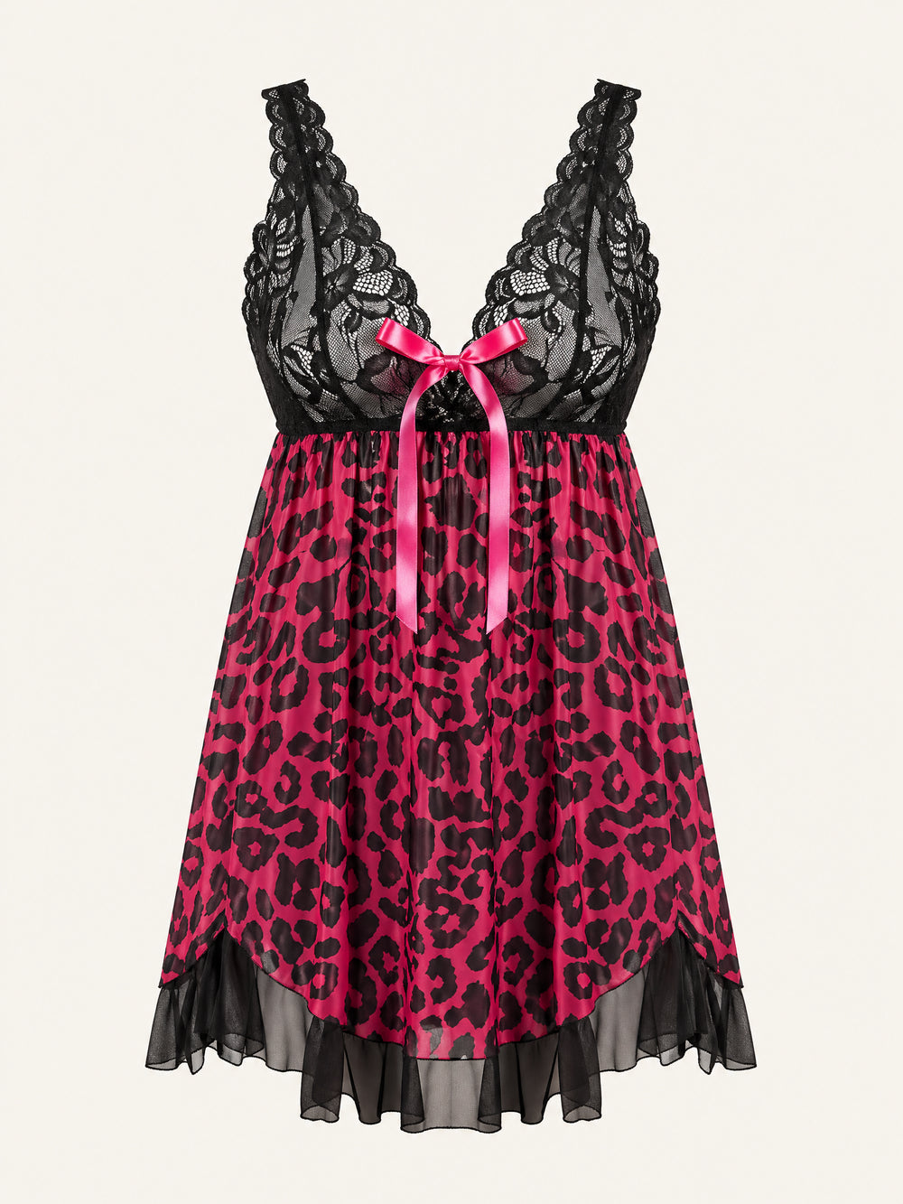 Babydoll in tulle con stampa leopardata, coppe in pizzo e bordo con volant