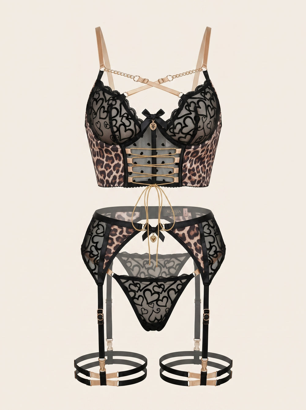 Leopard Print Mesh Lingerie Set with Strappy Details