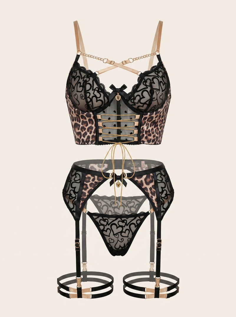 Leopard Print Mesh Lingerie Set with Strappy Details