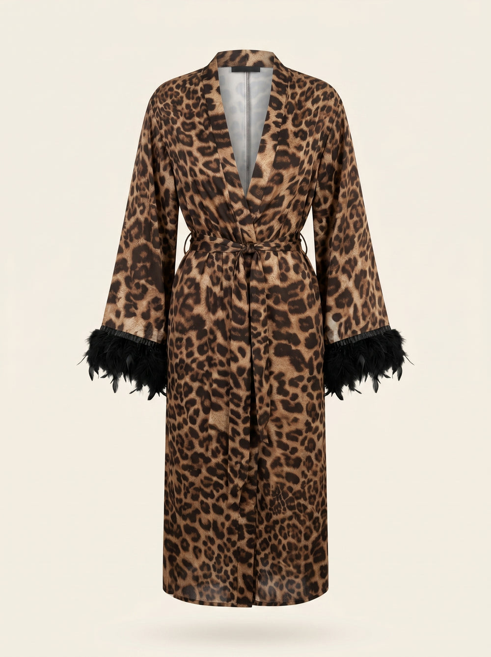 Leopard Print Mesh Kimono Robe with Feather Hem