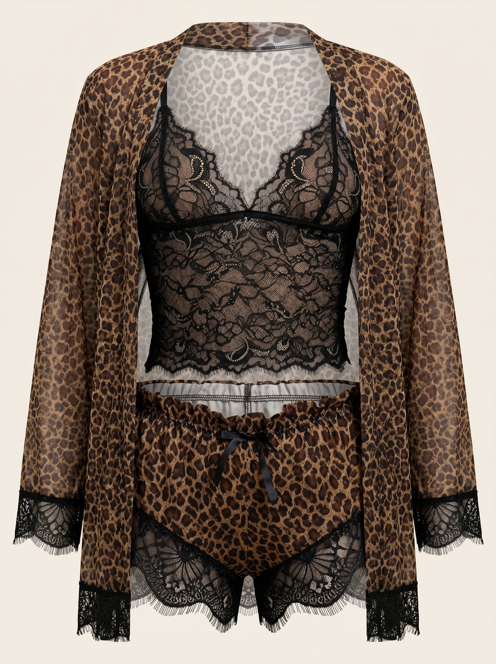 Leopard Print Satin Pajama Set with Lace Trim
