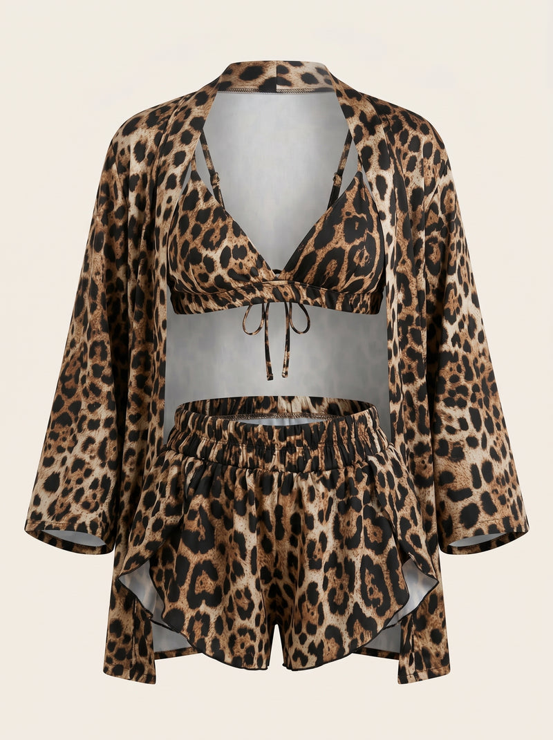 Set pigiama in raso con stampa leopardata e chiusura con fiocco