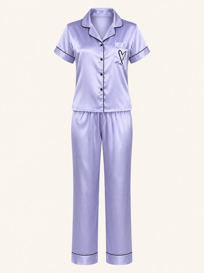Light Blue Satin Pajama Set with Short Sleeves & Button-Up