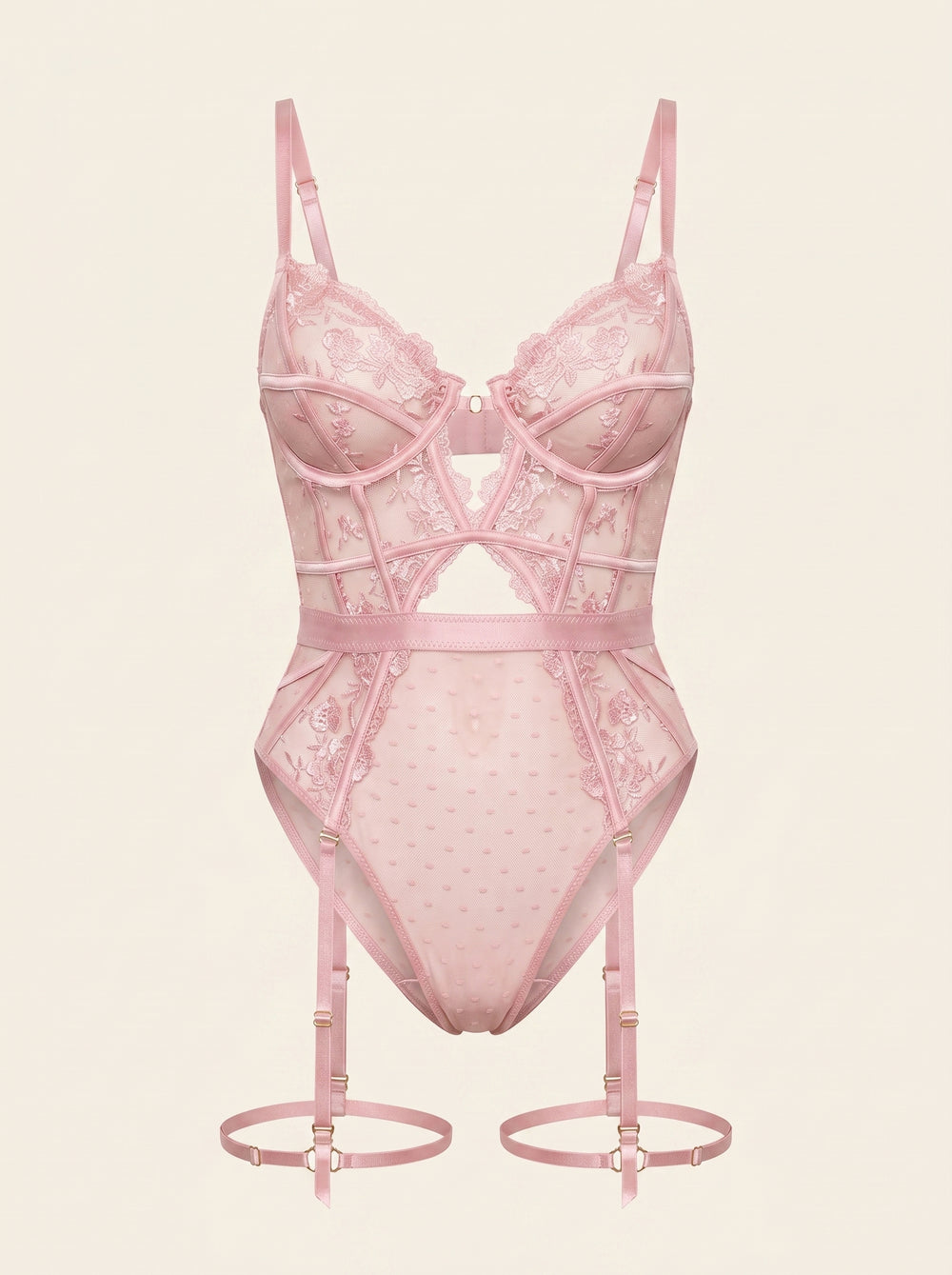 Light Pink Mesh Bodysuit with Lace Embroidery