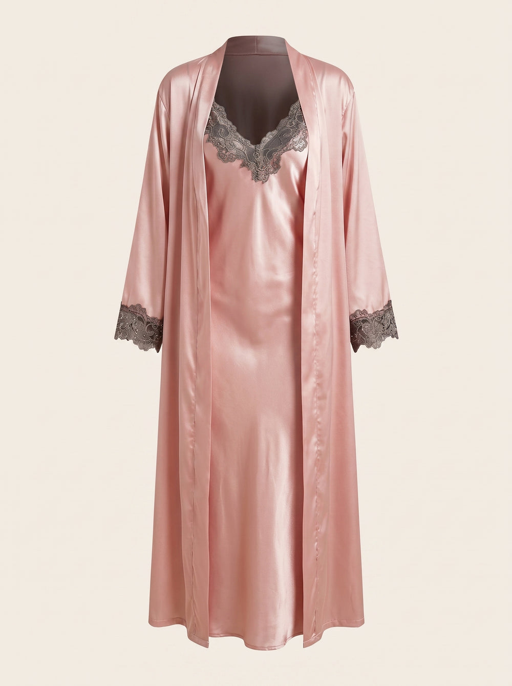 Light Pink Satin Nightgown and Robe Set with Lace Trim