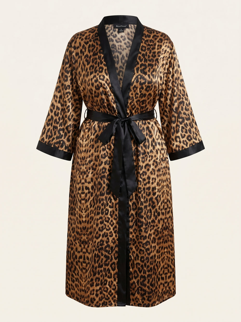 Long Leopard Print Satin Kimono Robe with Belt Tie