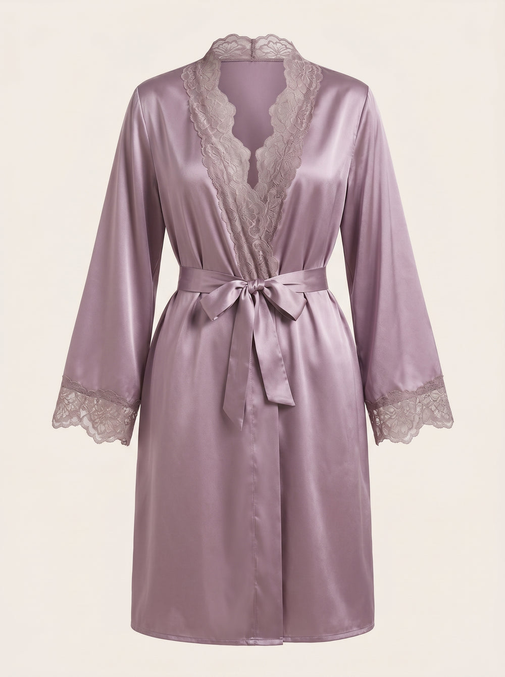 Luxe Mauve Satin Kimono Robe with Lace Trim