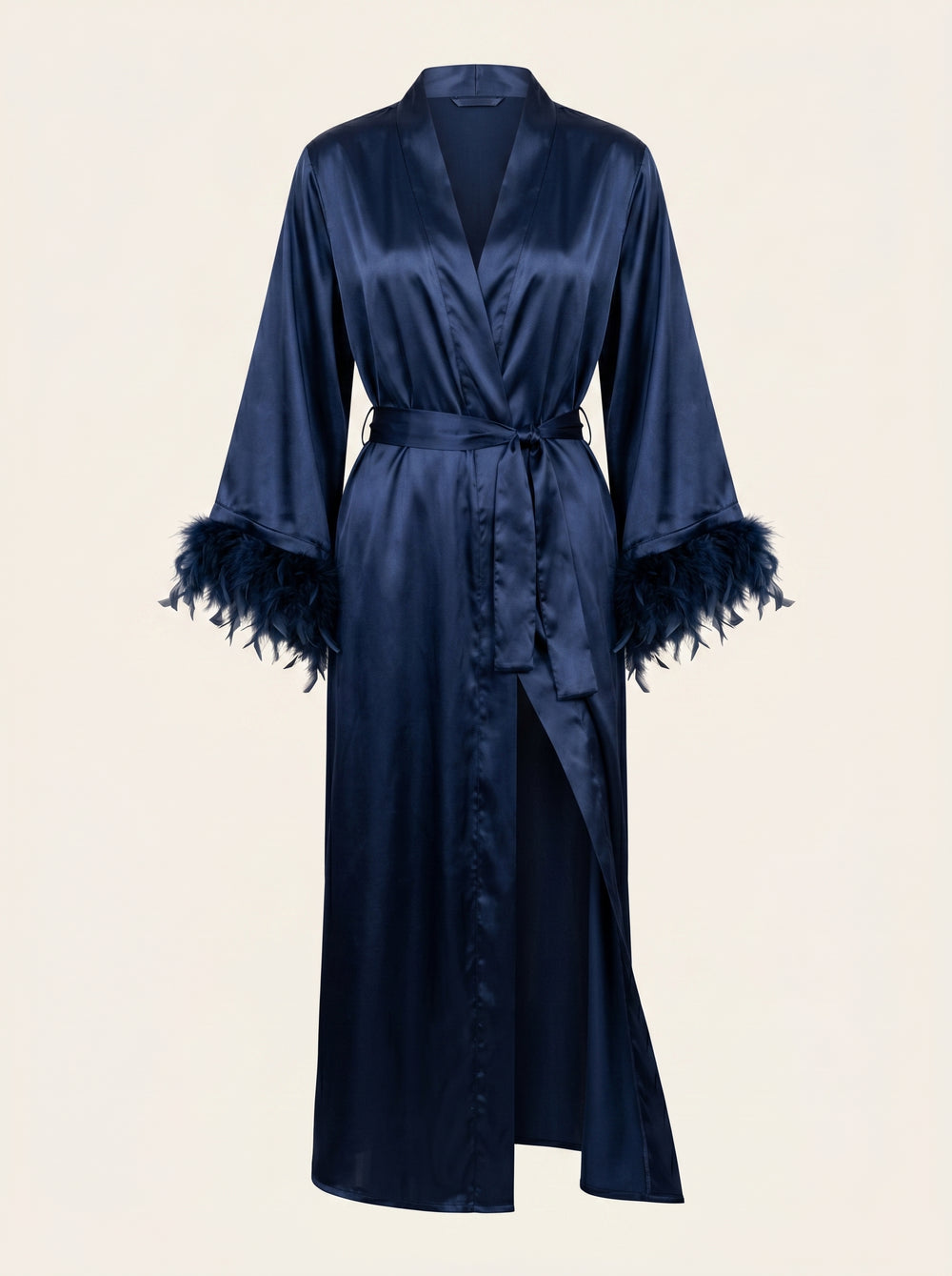 Navy Blue Satin Kimono Robe with Feather Trim