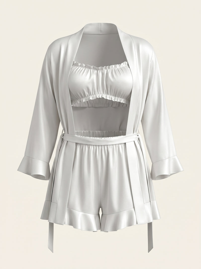 Completo pigiama color bianco sporco in raso con dettagli arricciati