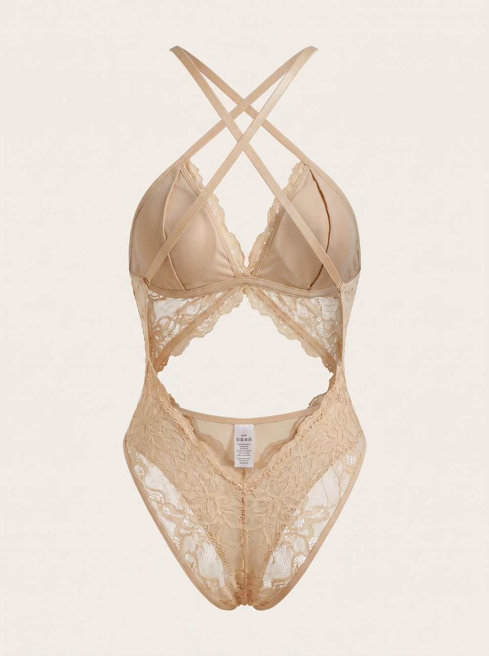 Open Back Cream Lace Bodysuit with Strappy Elegance