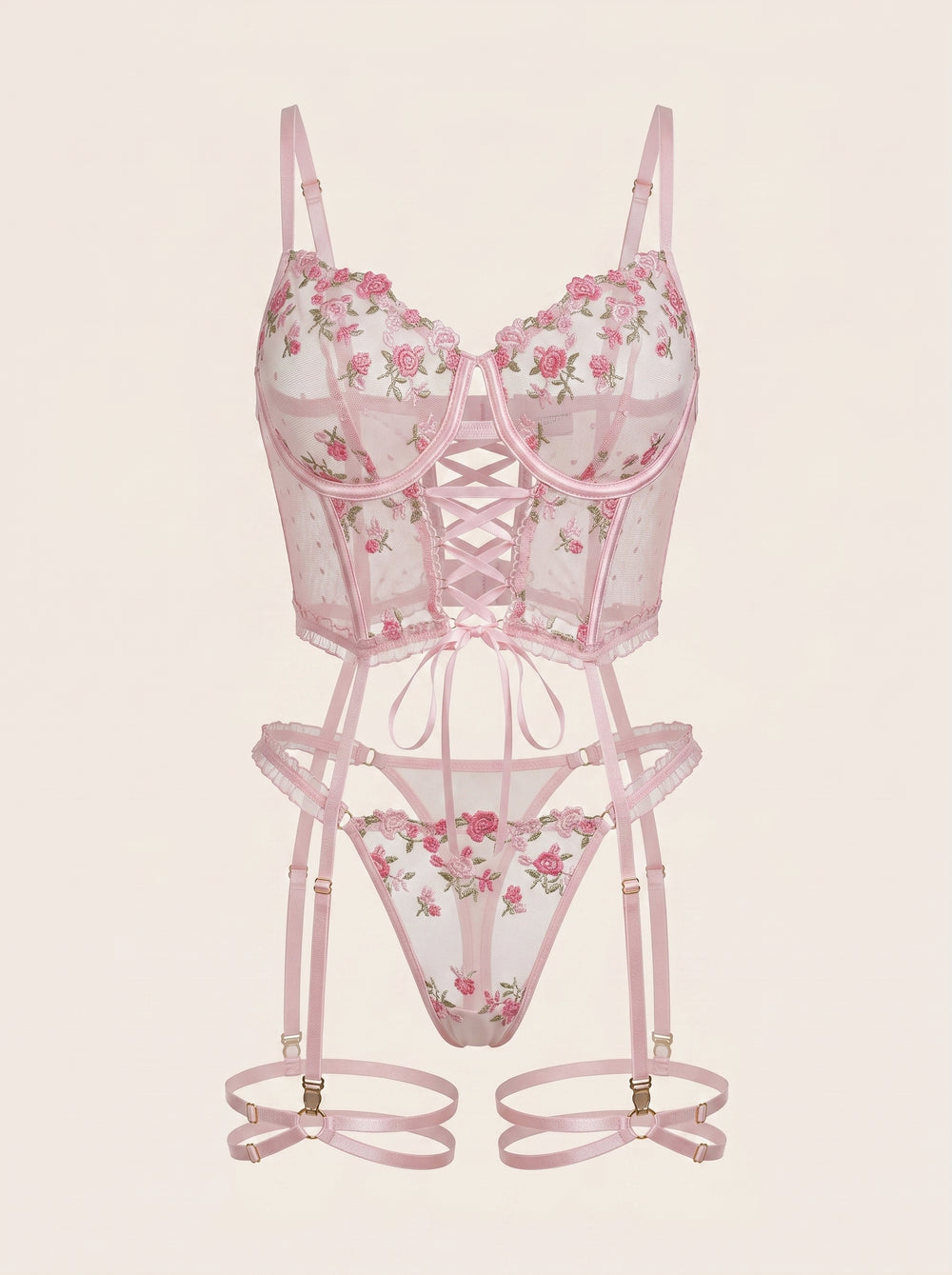 Completo di lingerie in mesh ricamato floreale rosa con stringhe