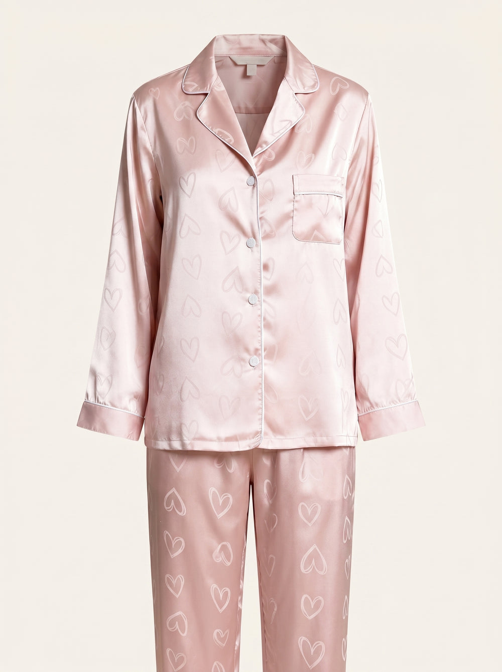 Pink Heart Print Satin Pajama Set with Button-Up