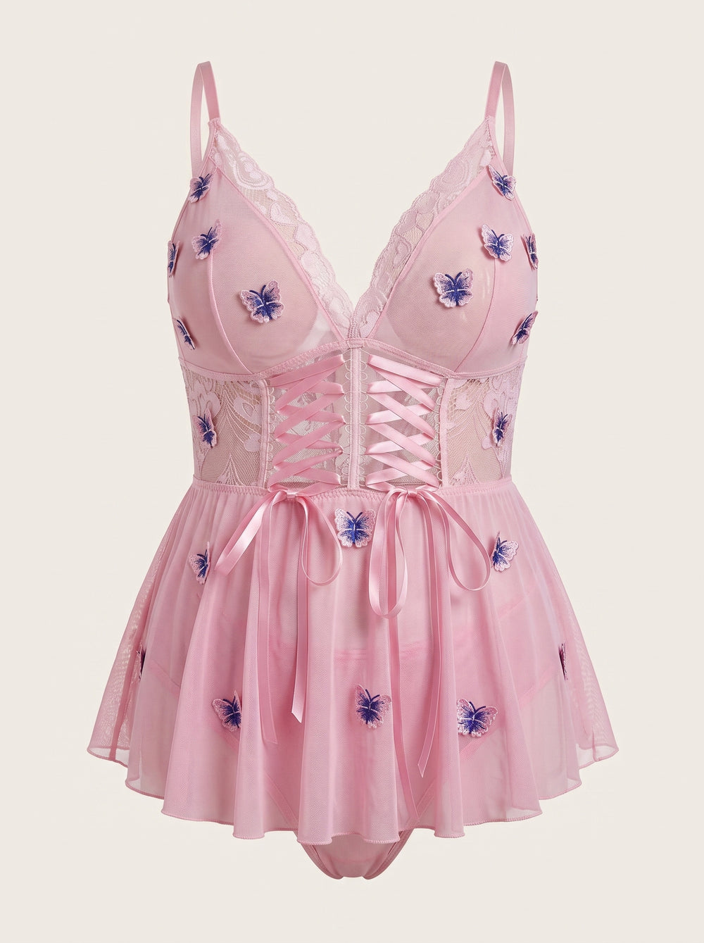 Roze mesh-nachthemd met vlinderborduursel