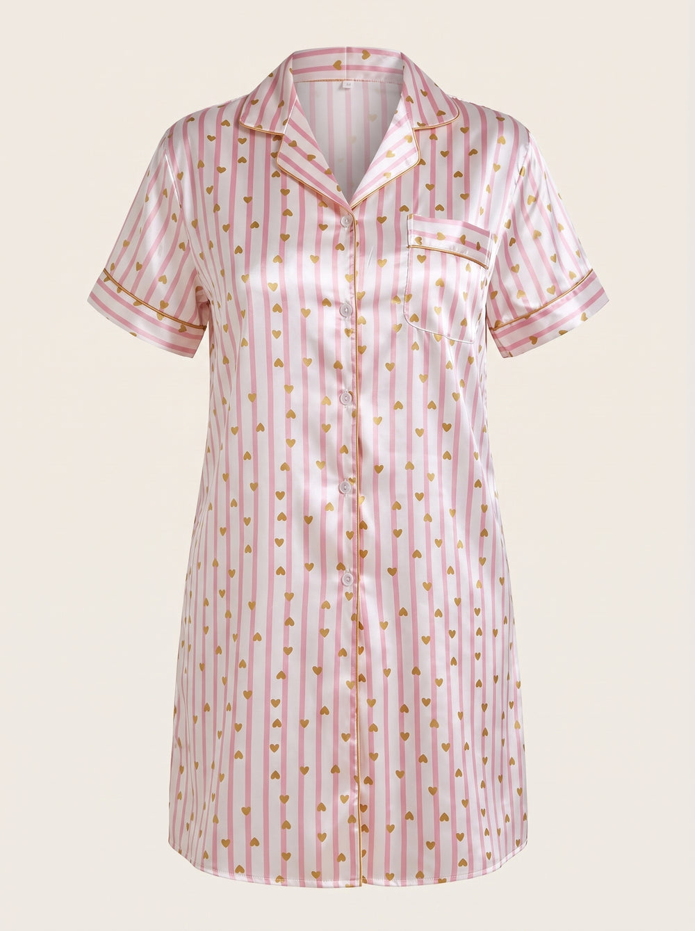 Pink and White Striped Satin Nightgown with Gold Heart Accents