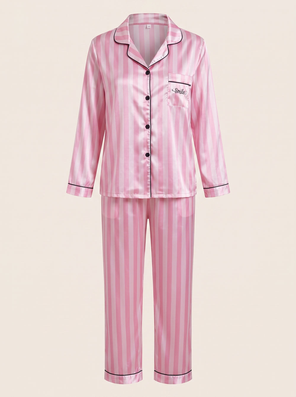 Pink and White Striped Satin Pajama Set with Black Piping