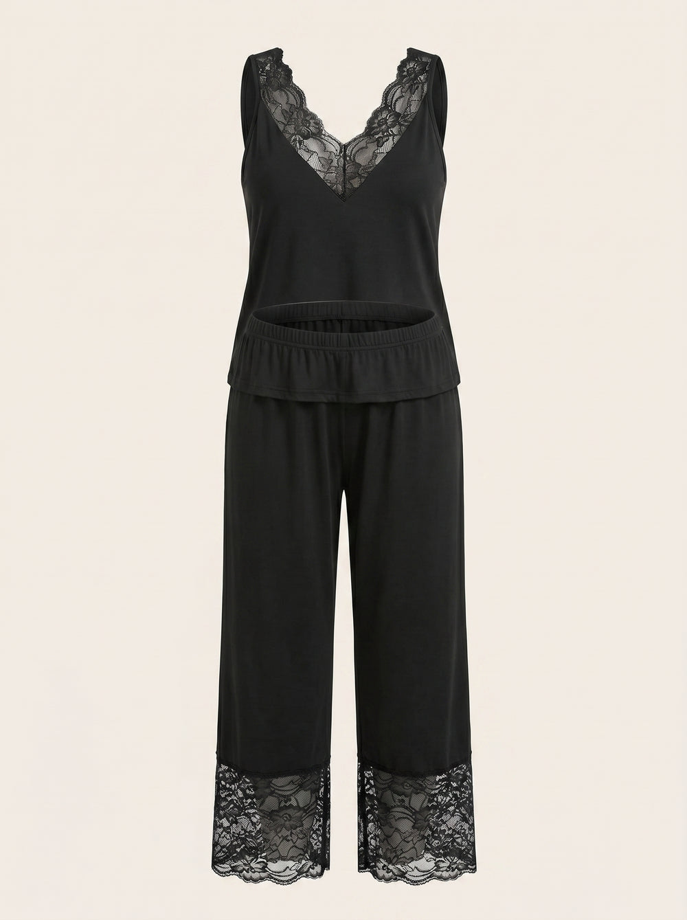 Plus Size Black Cotton Cami and Pants Pajama Set with Lace Trim