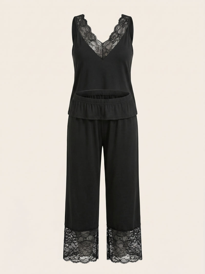 Plus Size Black Cotton Cami and Pants Pajama Set with Lace Trim
