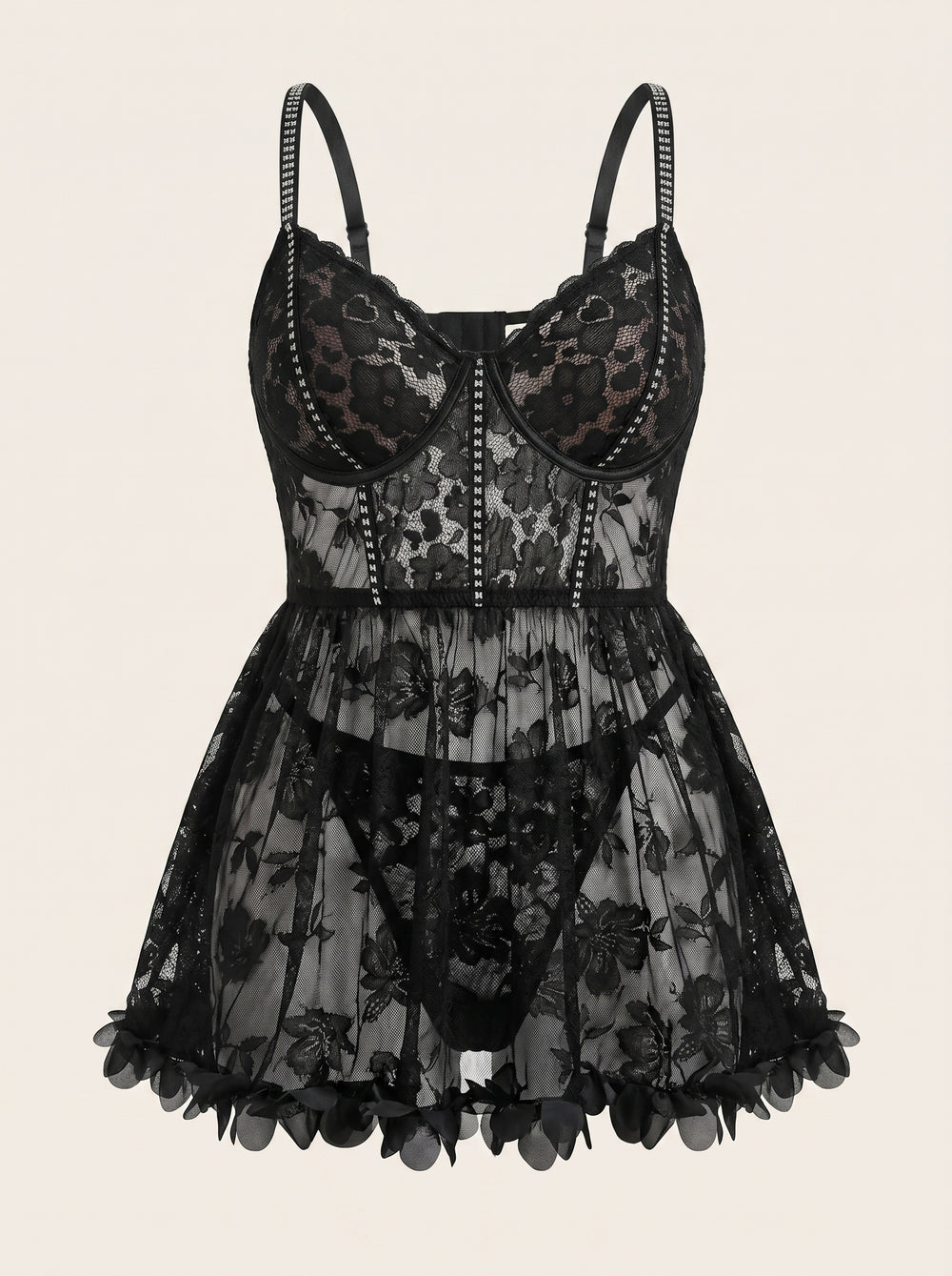 Plus Size Black Floral Lace Babydoll with Open Back Detail