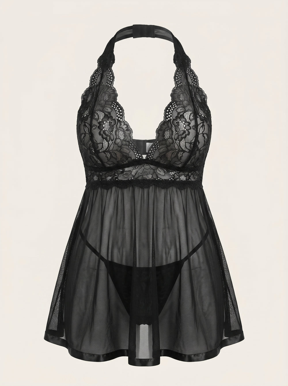 Plus Size Black Lace Babydoll with Scalloped Edges