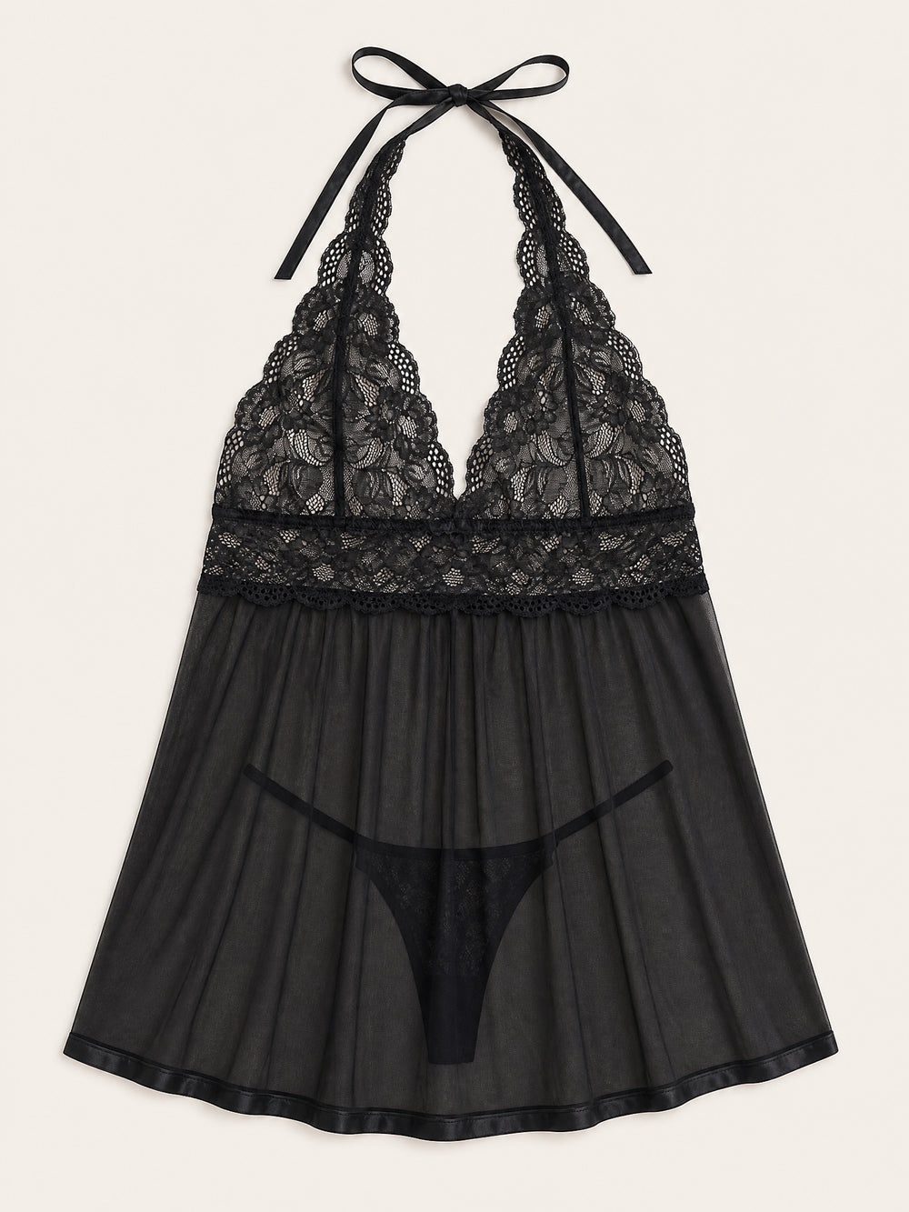 Plus Size Black Lace Babydoll with Sheer Strappy Design