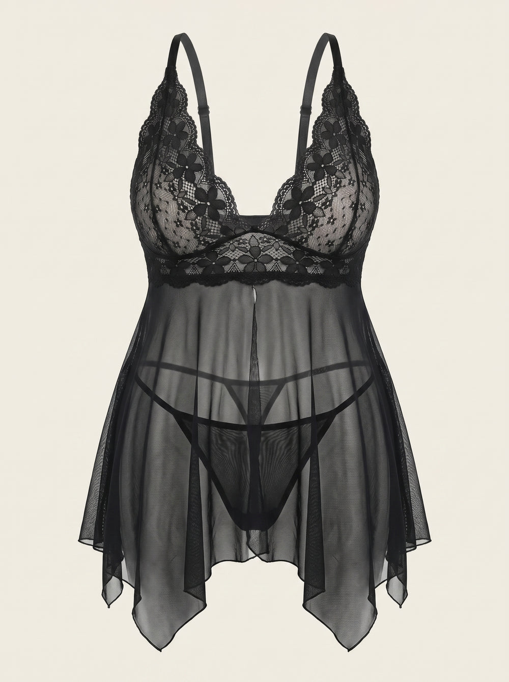 Plus Size Black Lace Chemise Set with Panty