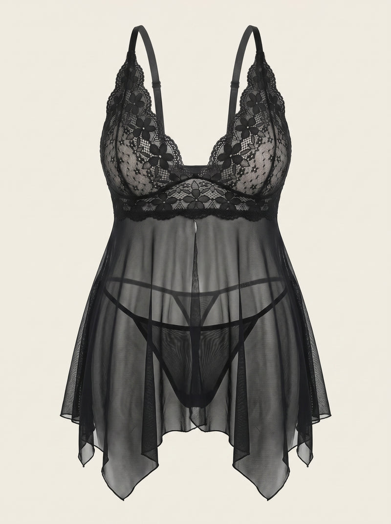 Plus Size Black Lace Chemise Set with Panty