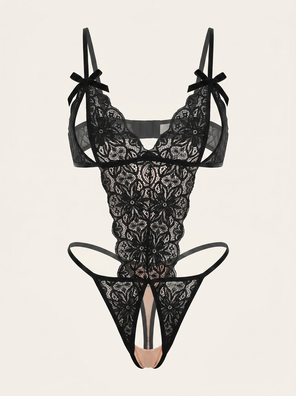 Plus Size Black Lace Bodysuit with Hollow Cutout