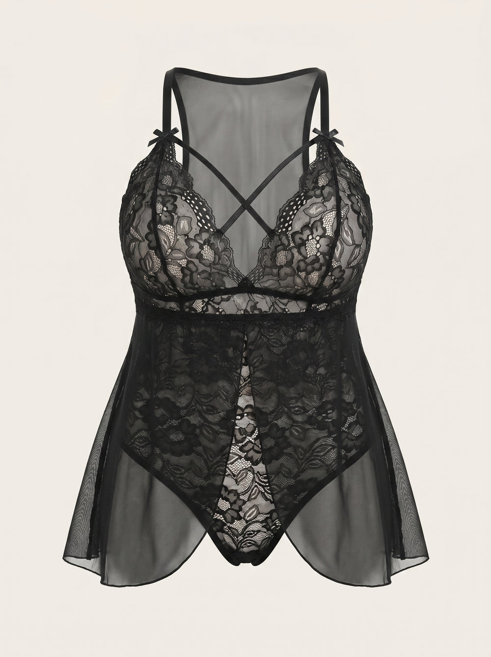 Plus Size Black Lace Nightgown with Strappy Detail