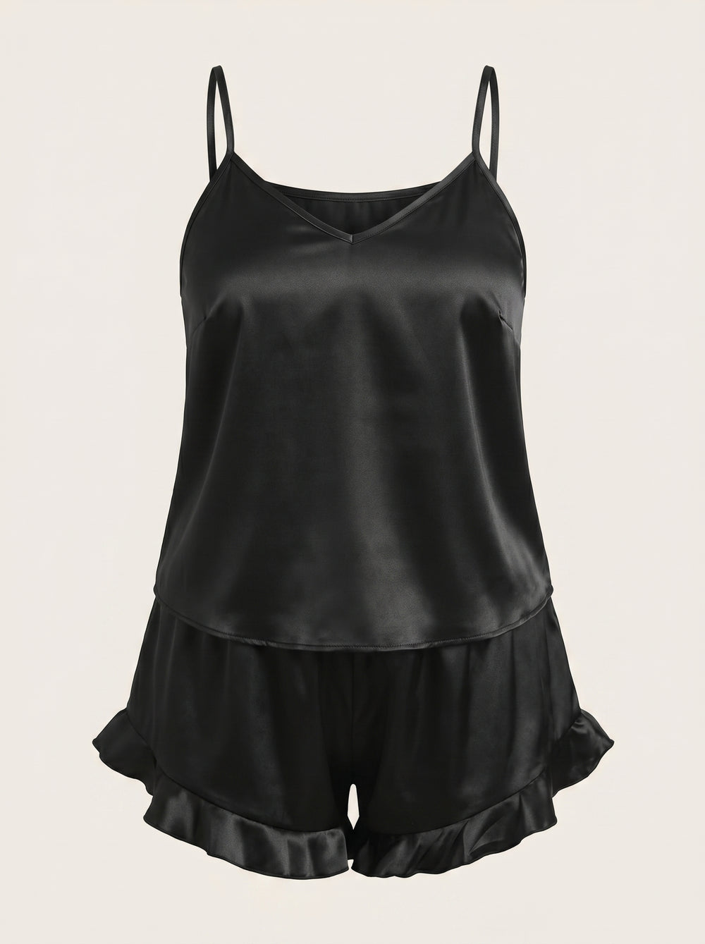 Plus Size Black Satin Pajama Set with Ruffle Shorts