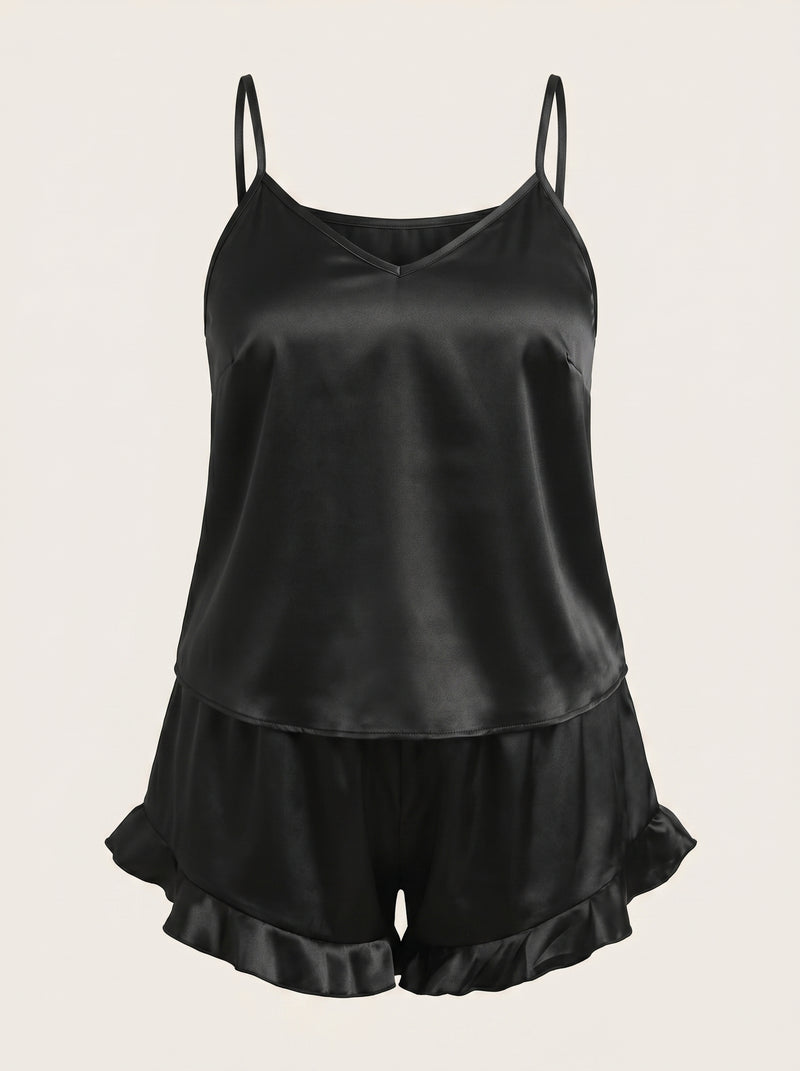 Set pigiama nero in raso con pantaloncini con volant, taglie forti